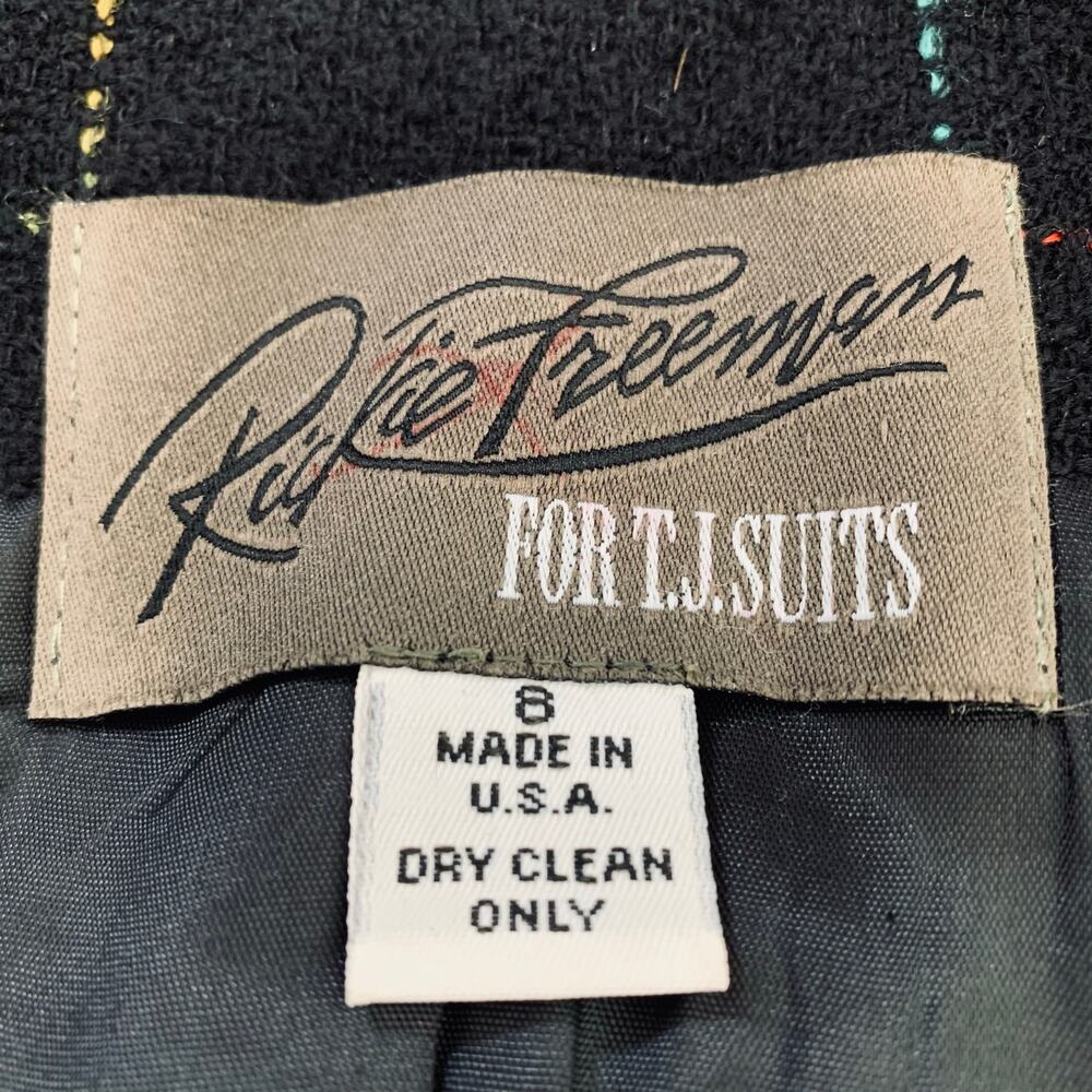 Vintage Rickie Freeman Size 8 Wool Tweed Blazer Jacket Black Colorful Fringe - Picture 12 of 13